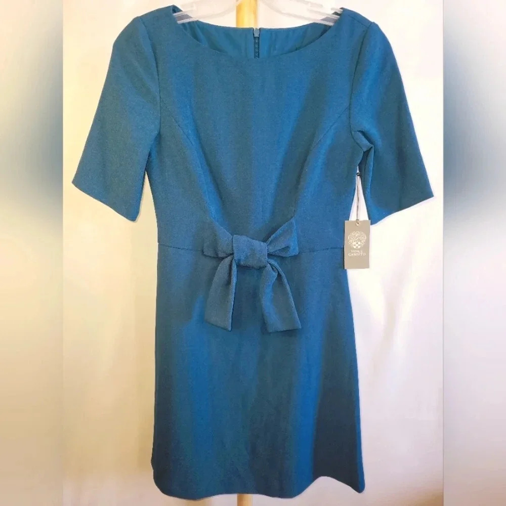 NWT Vince Camuto Bluegreen Dress with Bow short sleeves zipper  back size 4